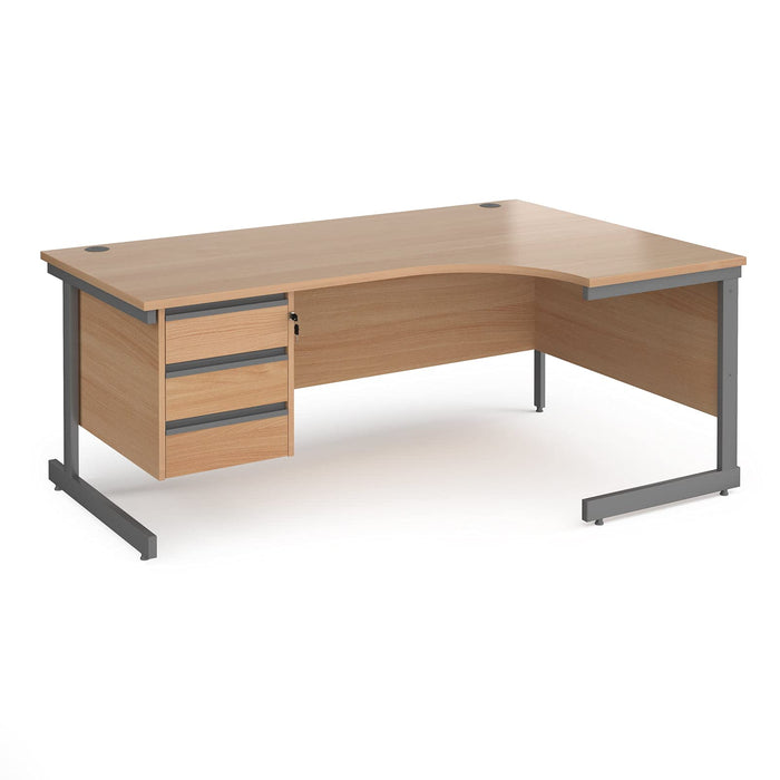 Right Hand Ergonomic Desk with 3 Lockable Drawers Pedestal and Beech Coloured MFC Top with Graphite Frame Cantilever Legs Contract 25 1600 x 1200 x 725 mm