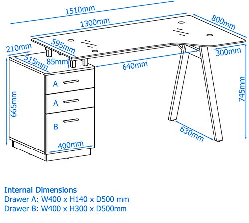 Alphason Cleveland 4 Rectangular Desk with 3 Drawer Pedestal Smoked Glass Top 1510 x 800 x 750 mm White, Grey