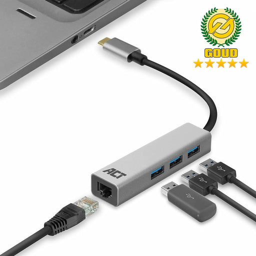 ACT AC7055 1 x USB C Male to 3 x USB A, Gigabit Network Port Hub 0.15m Black, Grey