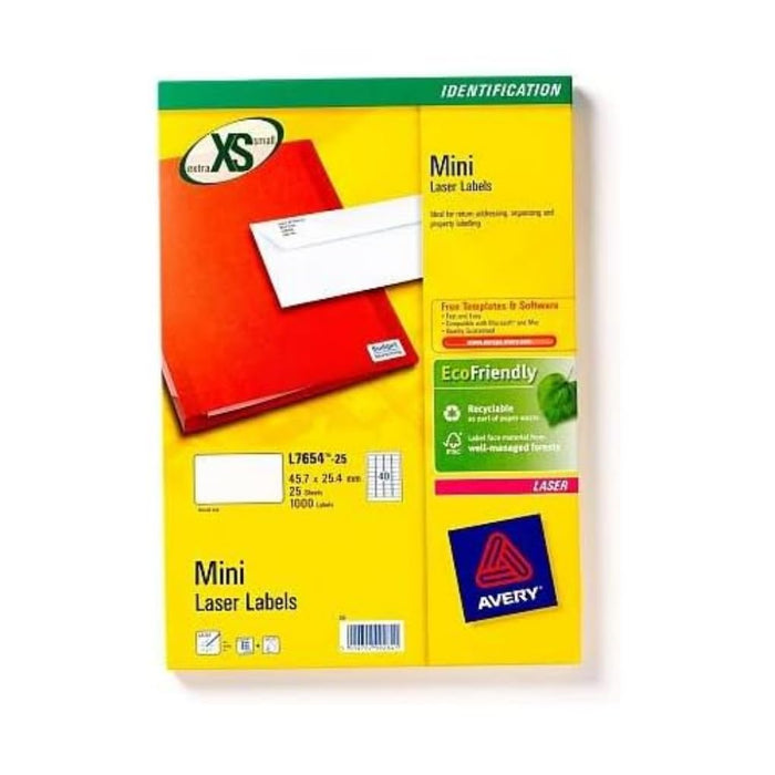 Avery L7654-100 Mini Multipurpose Labels Self Adhesive 45.7 x 25.4 mm White 100 Sheets of 40 Labels