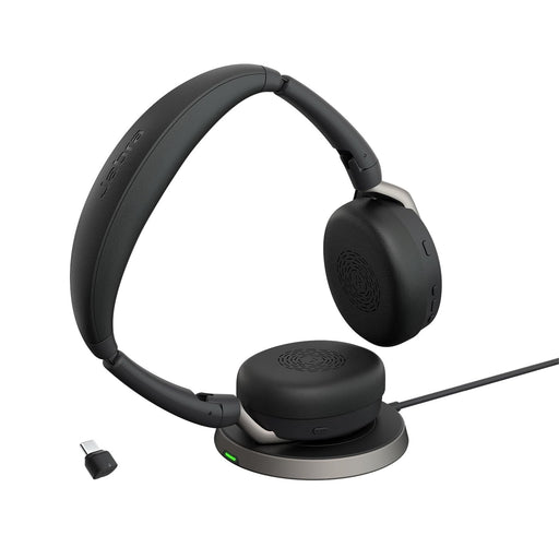 Jabra Evolve2 65 Flex MS Stereo - Headset - on-ear - Bluetooth - wireless - active noise cancelling - USB-C - black - with wireless charging pad - Certified for Microsoft Teams