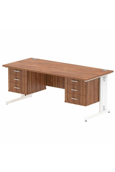 Dynamic Rectangular Office Desk Walnut MFC Cable Managed Cantilever Leg White Frame Impulse 2 x 3 Drawer Fixed Ped 1800 x 800 x 730mm