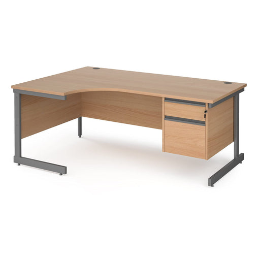 Left Hand Ergonomic Desk with 2 Lockable Drawers Pedestal and Beech Coloured MFC Top with Graphite Frame Cantilever Legs Contract 25 1600 x 1200 x 725 mm