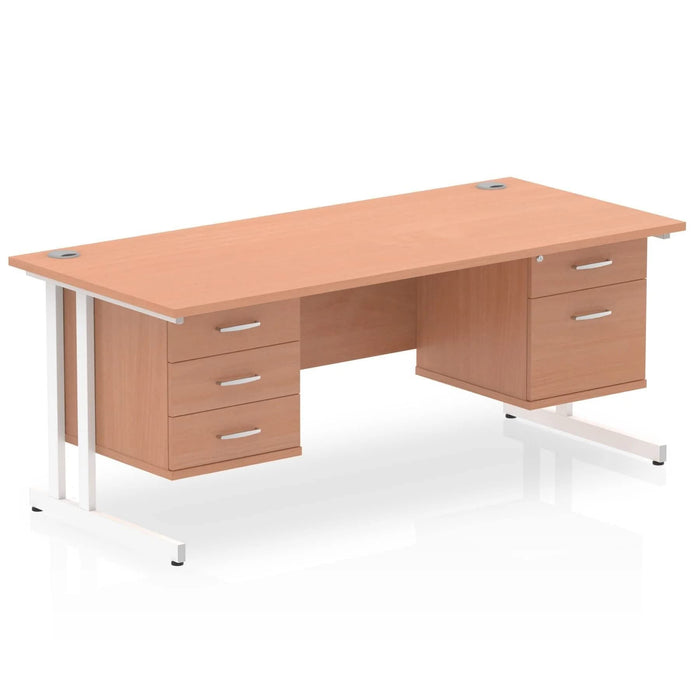 Dynamic Rectangular Office Desk Beech MFC Cantilever Leg White Frame 1 x 2 Drawer 1 x 3 Drawer Fixed Ped 1800 x 800 x 730mm