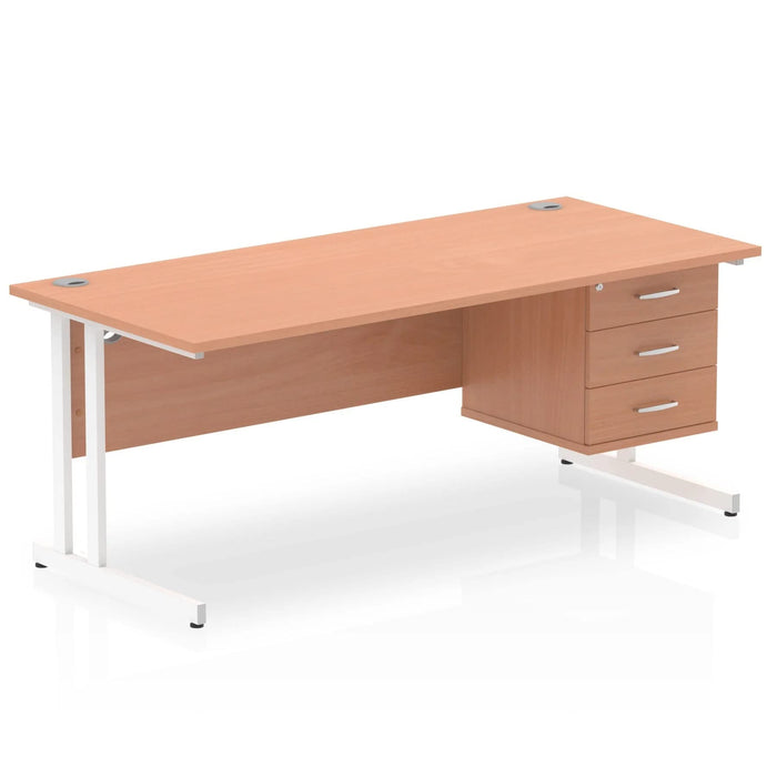 Dynamic Rectangular Office Desk Beech MFC Cantilever Leg White Frame Impulse 1 x 3 Drawer Fixed Ped 1800 x 800 x 730mm