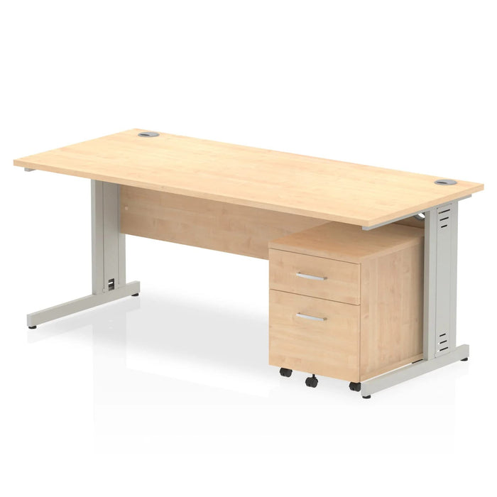 Dynamic Rectangular Straight Desk Oak MFC Cable Managed Cantilever Leg Silver Frame Impulse 1 x 2 Drawer Mobile Pedestal Bundle 1800 x 800 x 730mm