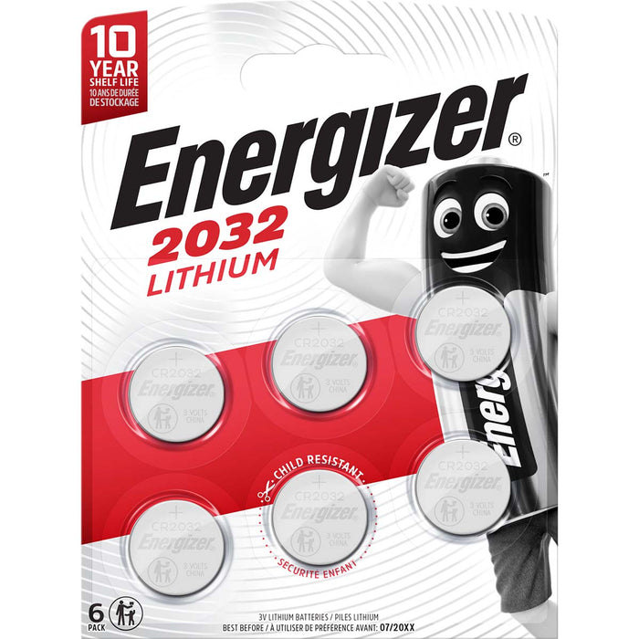 Energizer Lithium Button Cell Battery CR2032 - 3 V DC, 235 mAh, 6-Blister, 6-Blister - Silver