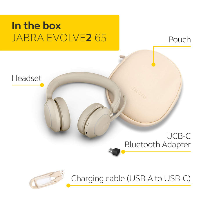 Jabra Evolve2 65 UC Stereo - Headset - on-ear - Bluetooth - wireless - USB-C - noise isolating - beige