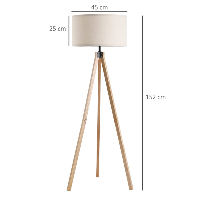 HOMCOM Wood Tripod Floor Lamp Home Lighting Elegant E27 Bulb Linen Lamp Shade Beige