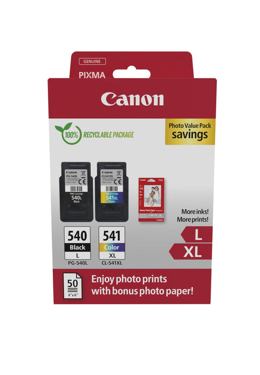 Canon PG-540L/CL-541XL Photo Value Pack - Glossy - 2-pack - High Yield - black, colour (cyan, magenta, yellow) - original - hanging box - ink tank / paper kit - for PIXMA MG3250, MG3550, MG3650, MG4250, MX395, MX455, MX475, MX525, MX535, TS5150, TS5151