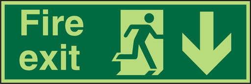 Fire Exit Sign with Down Arrow Self Adhesive Acrylic Green 10 x 30 cm