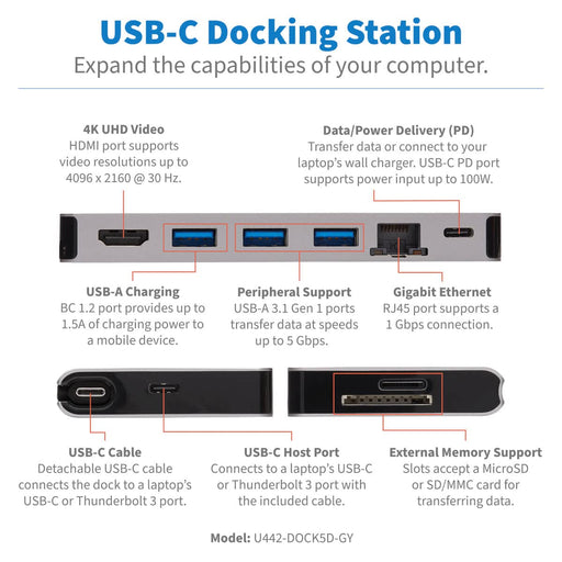 Tripp Lite USB C Docking Station USB Hub 4k w/ HDMI, Gbe Gigabit Ethernet, SD Card Reader, PD Charging - Docking station - USB-C 3.1 / Thunderbolt 3 - HDMI - GigE