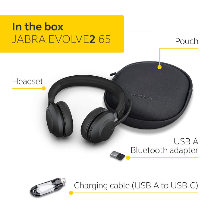 Jabra Evolve2 65 UC Stereo - Headset - on-ear - Bluetooth - wireless - USB-A - noise isolating - black