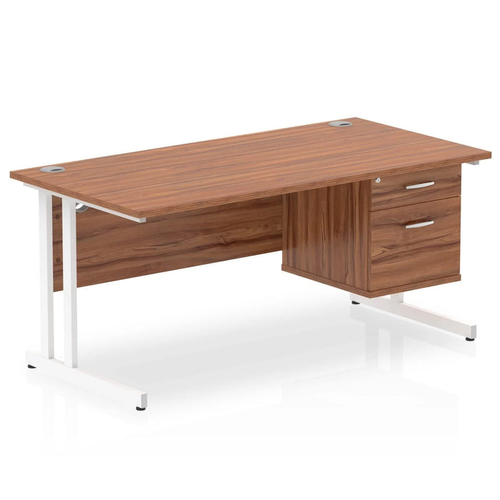 Dynamic Rectangular Office Desk Walnut MFC Cantilever Leg White Frame Impulse 1 x 2 Drawer Fixed Ped 1600 x 800 x 730mm