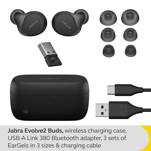 Jabra Evolve2 Buds MS - True wireless earphones with mic - in-ear - Bluetooth - active noise cancelling - USB-A via Bluetooth adapter - noise isolating - black - Certified for Microsoft Teams