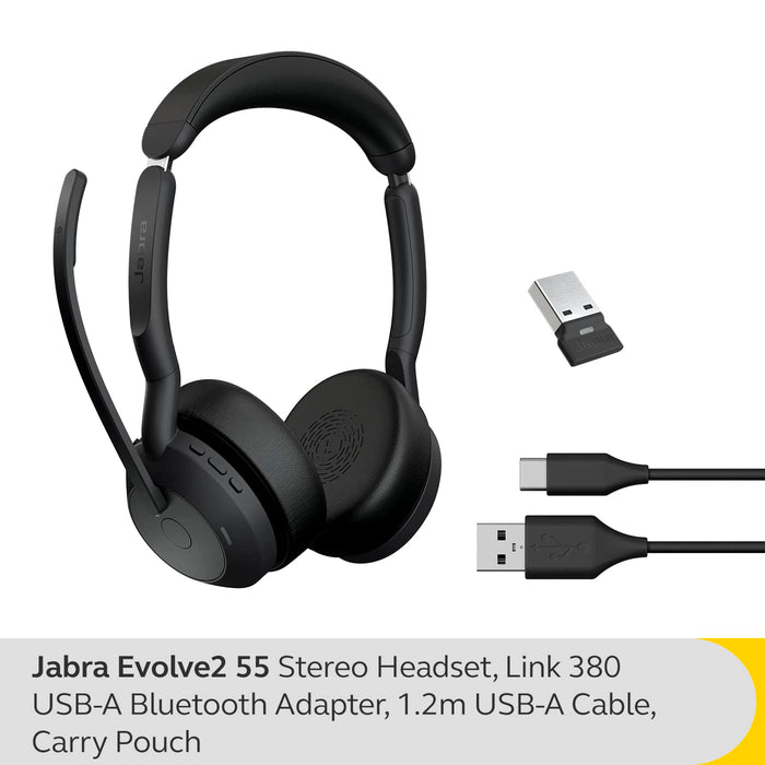 Jabra Evolve2 55 UC Stereo - Headset - on-ear - Bluetooth - wireless - active noise cancelling - USB-A - black - Optimised for UC