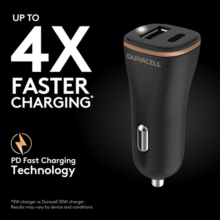 Duracell - Car power adapter - 27 Watt - 2.4 A - PD - 2 output connectors (USB, 24 pin USB-C) - black