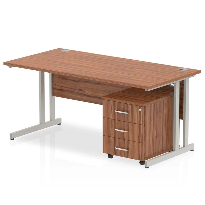 Impulse Cantilever Straight Office Desk W1400 x D800 x H730mm Walnut Finish White Frame With 3 Drawer Mobile Pedestal - I003891