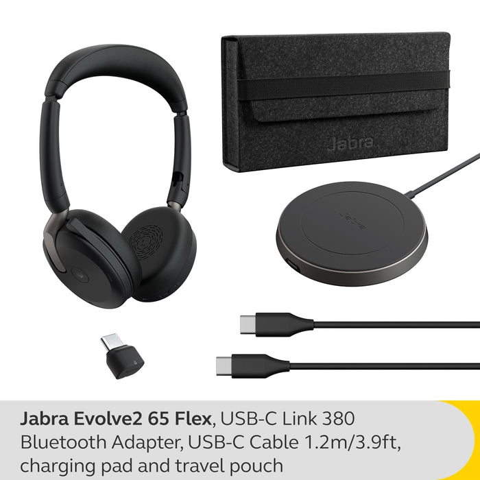 Jabra Evolve2 65 Flex MS Stereo - Headset - on-ear - Bluetooth - wireless - active noise cancelling - USB-C - black - with wireless charging pad - Certified for Microsoft Teams