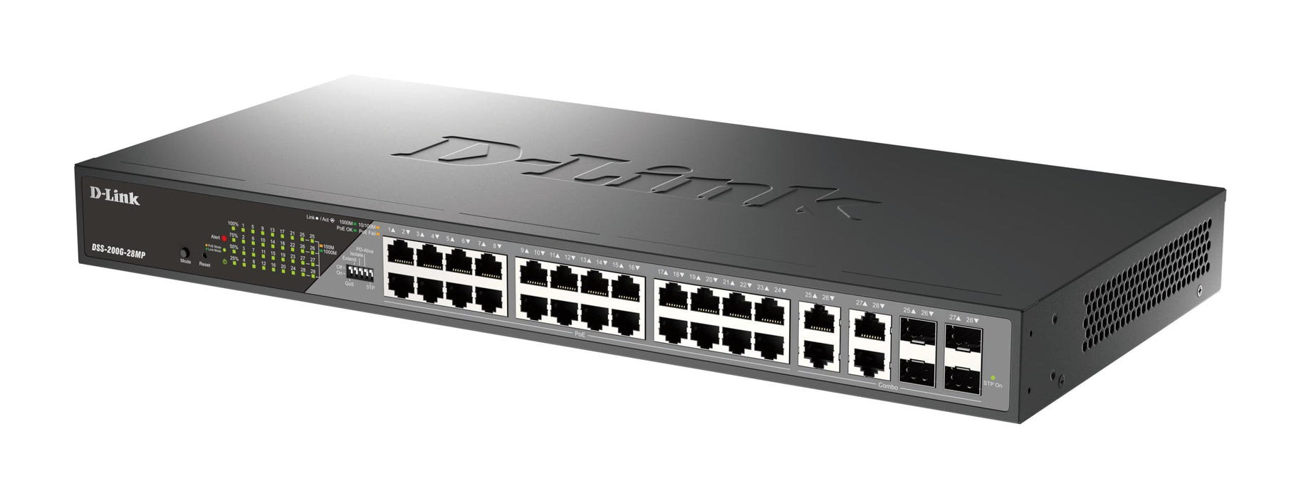 D-Link DSS 200G-28MP - Switch - Managed - 24 x 10/100/1000 (PoE) + 4 x combo 1000Base-T - rack-mountable - PoE (370 W)