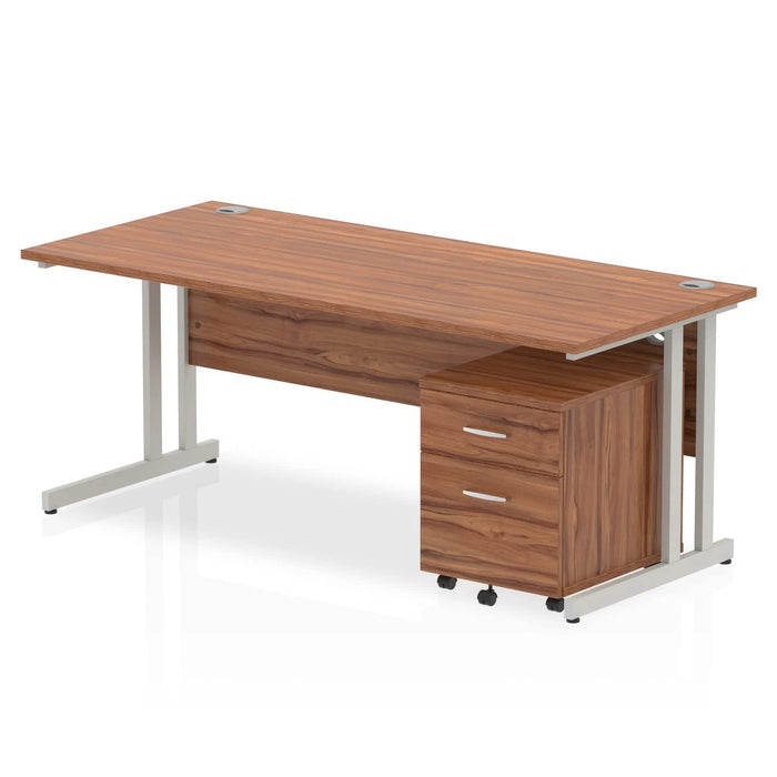 Dynamic Rectangular Straight Desk Walnut MFC Cantilever Leg Silver Frame Impulse 1 x 2 Drawer Mobile Pedestal Bundle 1800 x 800 x 730mm