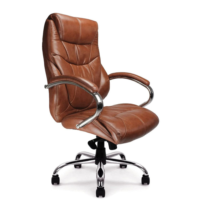 Nautilus Designs Ltd. High Back Luxurious Leather Faced Synchronous Executive Armchair with Integral headrest and Chrome Base Tan