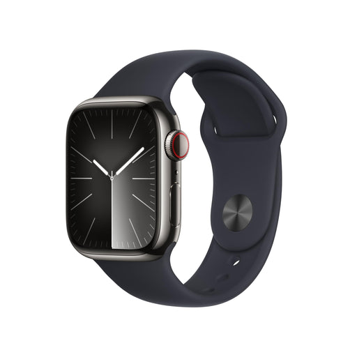 Apple Watch Series 9 (GPS + Cellular) - 41 mm - graphite stainless steel - smart watch with sport band - fluoroelastomer - midnight - band size: M/L - 64 GB - Wi-Fi, LTE, UWB, Bluetooth - 4G - 42.3 g