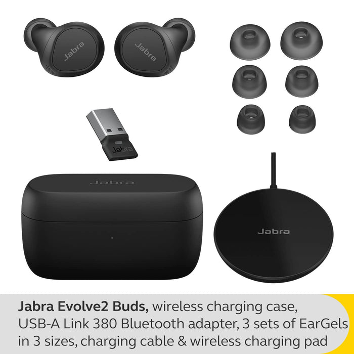 Jabra Evolve2 Buds UC - True wireless earphones with mic - in-ear - Bluetooth - active noise cancelling - USB-A via Bluetooth adapter - noise isolating - black - Zoom Certified, Optimised for Google Meet