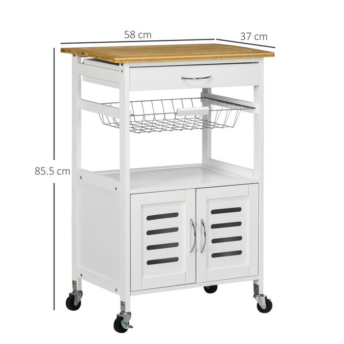 HOMCOM Kitchen Cart Bamboo, MDF (Medium-Density Fibreboard), Steel White 370 x 580 x 830 mm