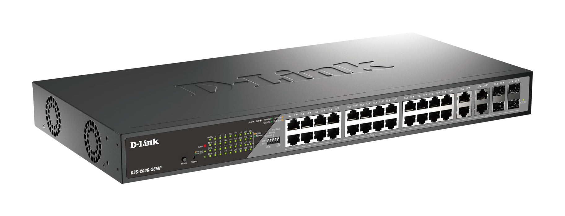 D-Link DSS 200G-28MP - Switch - Managed - 24 x 10/100/1000 (PoE) + 4 x combo 1000Base-T - rack-mountable - PoE (370 W)