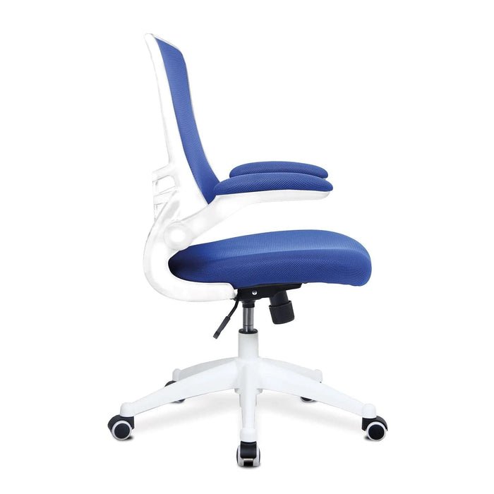 Nautilus Designs Ltd. Designer Medium Back Mesh Chair with White Shell and Folding Arms Blue