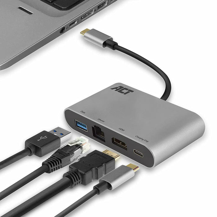 ACT AC7040 1 x USB C Male to 1 x HDMI Female, 1 x USB C Female, 1 x USB A, 1 x Ethernet Multiport Dock 0.15 m Black, Grey