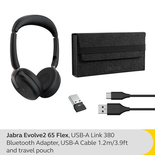 Jabra Evolve2 65 Flex MS Stereo - Headset - on-ear - Bluetooth - wireless - active noise cancelling - USB-A - black - Certified for Microsoft Teams