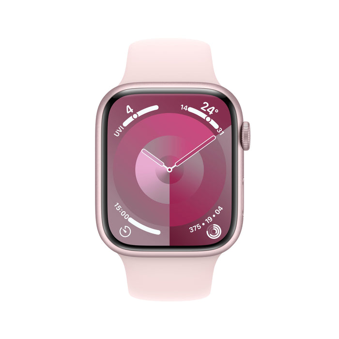 Apple Watch Series 9 (GPS + Cellular) - 45 mm - pink aluminum - smart watch with sport band - fluoroelastomer - light pink - band size: S/M - 64 GB - Wi-Fi, LTE, UWB, Bluetooth - 4G - 39 g