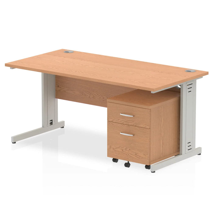 Dynamic Rectangular Straight Desk Oak MFC Cable Managed Cantilever Leg Silver Frame Impulse 1 x 2 Drawer Mobile Pedestal Bundle 1600 x 800 x 730mm