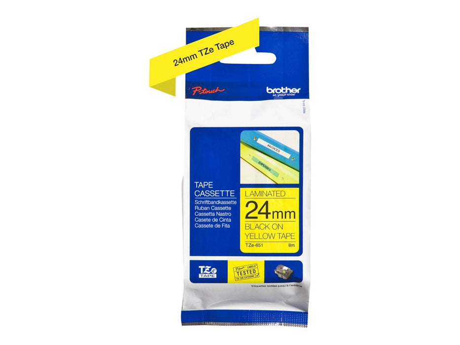 Brother TZe-651 Authentic Label Tape Self Adhesive Black Print on Yellow 24 mm x 8m