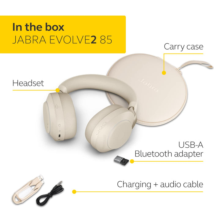 Jabra Evolve2 85 MS Stereo - Headset - full size - Bluetooth - wireless, wired - active noise cancelling - 3.5 mm jack - noise isolating - beige - Certified for Microsoft Teams