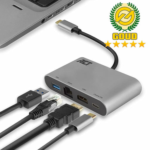 ACT AC7040 1 x USB C Male to 1 x HDMI Female, 1 x USB C Female, 1 x USB A, 1 x Ethernet Multiport Dock 0.15 m Black, Grey