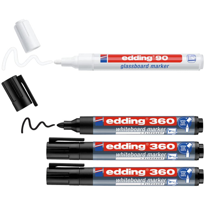 Edding Whiteboard+Glassboard marker E-360+E-90 Bullet Black, White Set of 4