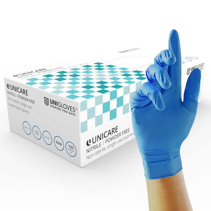 UNICARE Disposable Gloves Nitrile Non-powdered Medium (M) Blue Pack of 100