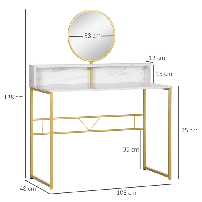 HOMCOM Table Glass Mirror, Particle Board,Steel White, Golden 105 x 48 x 138 cm