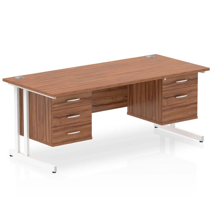 Dynamic Rectangular Office Desk Walnut MFC Cantilever Leg White Frame Impulse 1 x 2 Drawer 1 x 3 Drawer Fixed Ped 1800 x 800 x 730mm