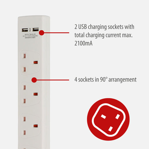 brennenstuhl 4-Way Extension Lead UK USB Slots 2m White