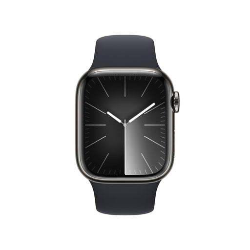 Apple Watch Series 9 (GPS + Cellular) - 41 mm - graphite stainless steel - smart watch with sport band - fluoroelastomer - midnight - band size: S/M - 64 GB - Wi-Fi, LTE, UWB, Bluetooth - 4G - 42.3 g