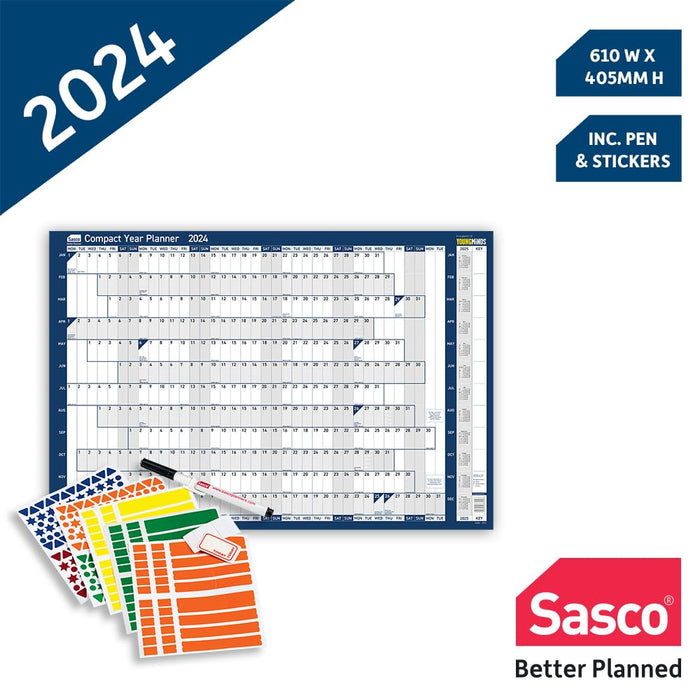 SASCO Compact Annual Planner Unmounted 2024 Landscape Blue English 61 x 40.5 cm