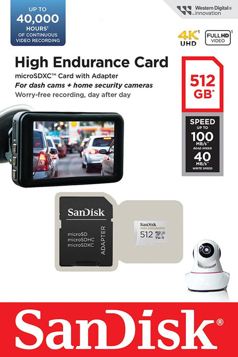 SanDisk High Endurance - Flash memory card (microSDXC to SD adapter included) - 512 GB - Video Class V30 / UHS-I U3 / Class10 - microSDXC UHS-I