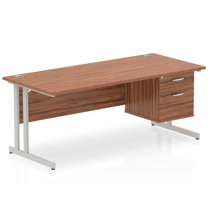 Dynamic Rectangular Office Desk Walnut MFC Cantilever Leg Silver Frame Impulse 1 x 2 Drawer Fixed Ped 1800 x 800 x 730mm