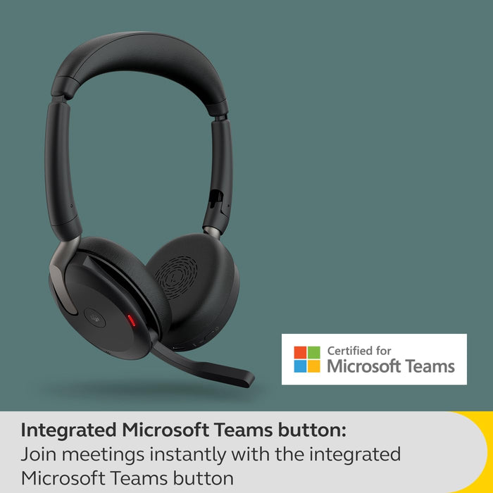 Jabra Evolve2 65 Flex MS Stereo - Headset - on-ear - Bluetooth - wireless - active noise cancelling - USB-A - black - with wireless charging pad - Certified for Microsoft Teams