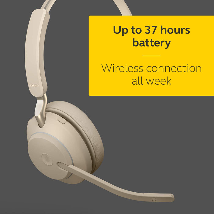 Jabra Evolve2 65 MS Stereo - Headset - on-ear - Bluetooth - wireless - USB-C - noise isolating - beige - with charging stand - Certified for Microsoft Teams