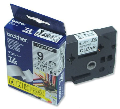 Brother P-Touch Labelling Tape Authentic TZe-121 Adhesive Black on Transparent 9 mm x 8 m